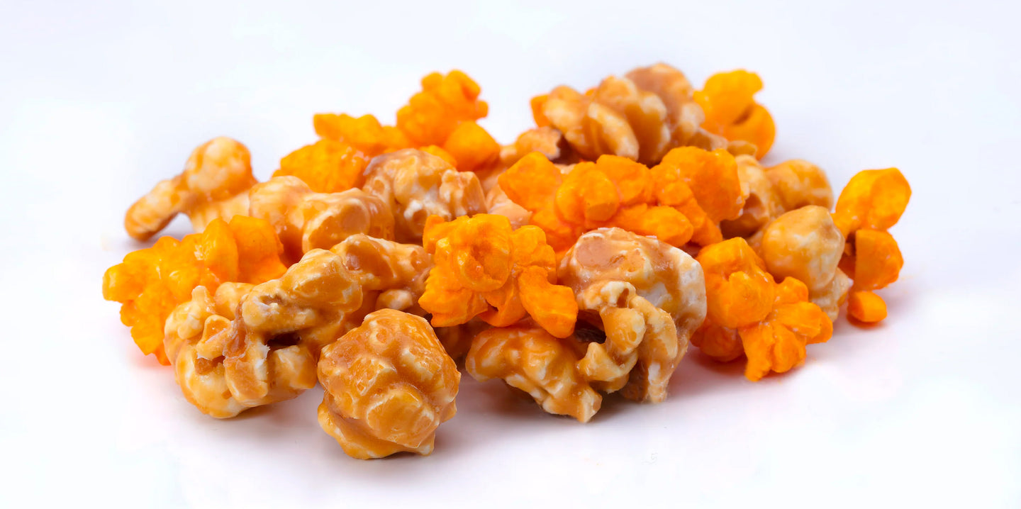 A mix of Annie B's Caramel popcorn and cheddar popcorn